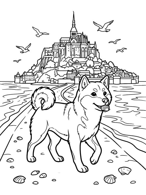 Line art of a Shiba Inu dog carrying a shell on a beach path with the Mont Saint-Michel castle and flying birds behind it.