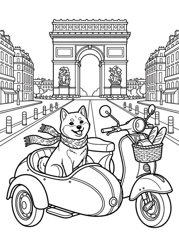Line art of a Shiba Inu in a scarf sitting in a scooter sidecar, with the Arc de Triomphe and Parisian buildings behind it.