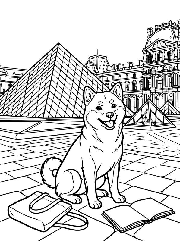 Line art of a happy Shiba Inu sitting in the Louvre courtyard, with the museum pyramid, historical buildings, a bag, and a book.
