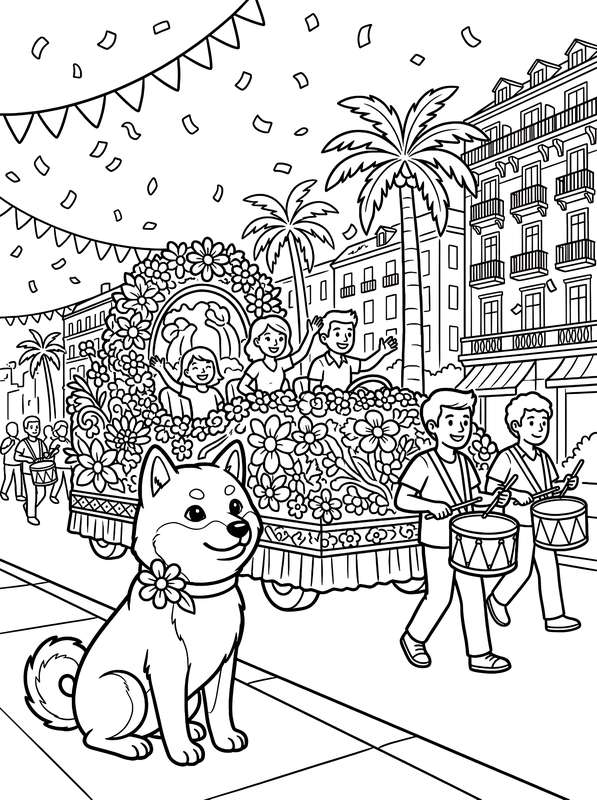 Line art of a smiling Shiba Inu sitting in the foreground of a parade with a flower-covered float and two drummers.