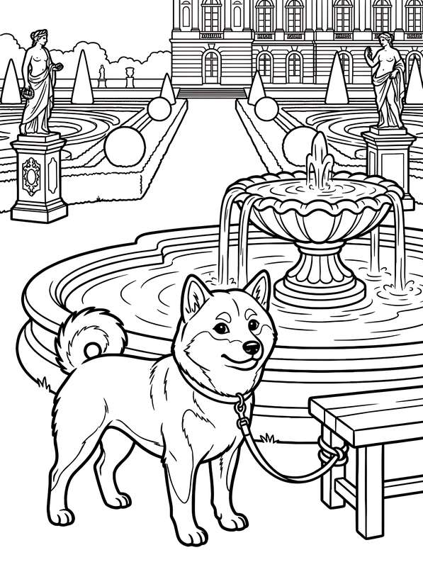 Line art of a Shiba Inu tethered to a bench in front of a pedestal fountain with a palace and statues in the background.