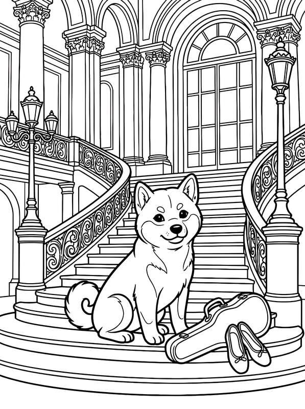 Line art of a Shiba Inu sitting on a grand staircase with a violin case and ballet shoes, set in an elaborate hallway.