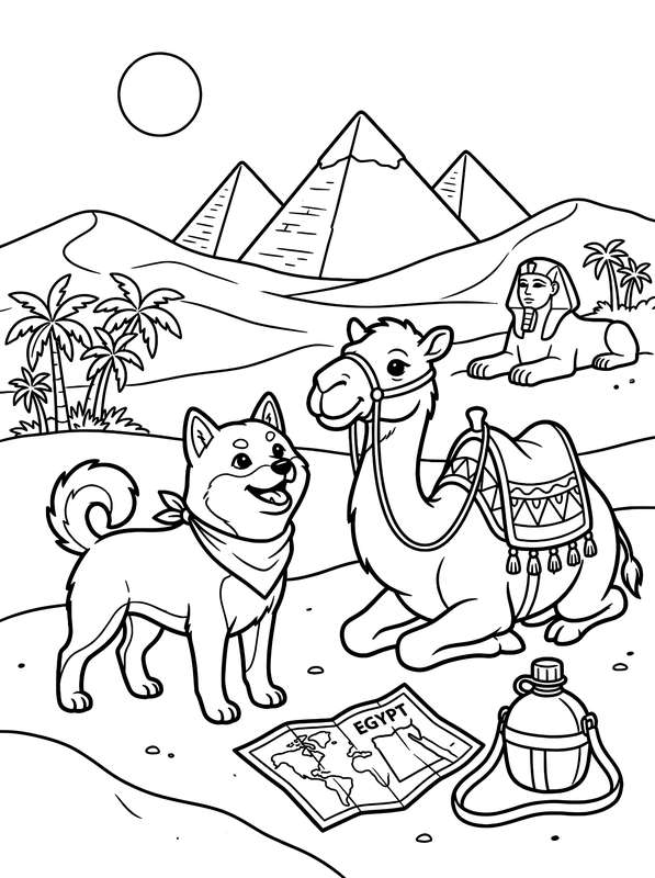 Line art of a Shiba Inu with a bandana next to a seated camel, featuring pyramids, the Sphinx, and a map of Egypt.