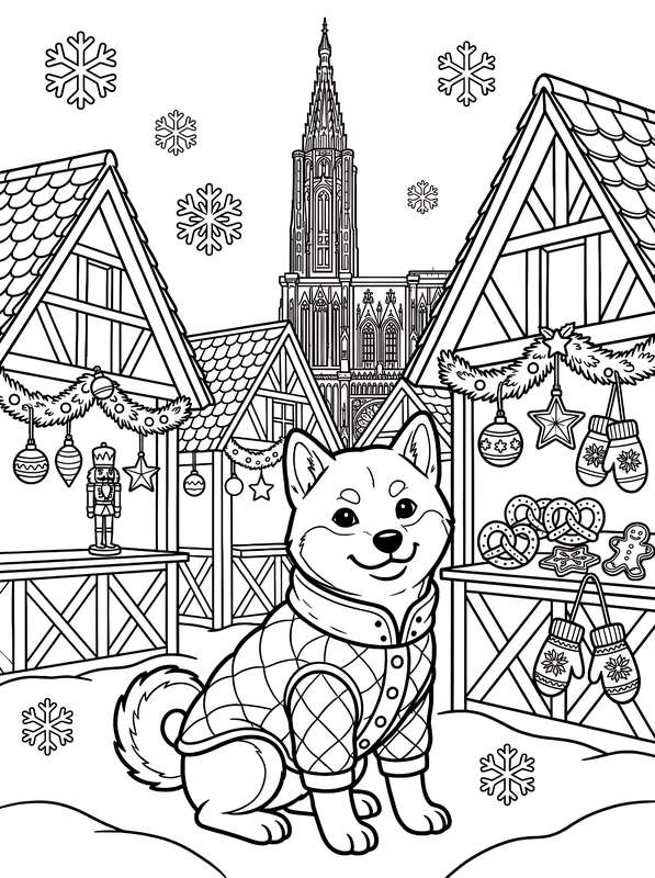 Line art of a Shiba Inu in a quilted coat standing at a Christmas market with nutcrackers, ornaments, and pretzels.