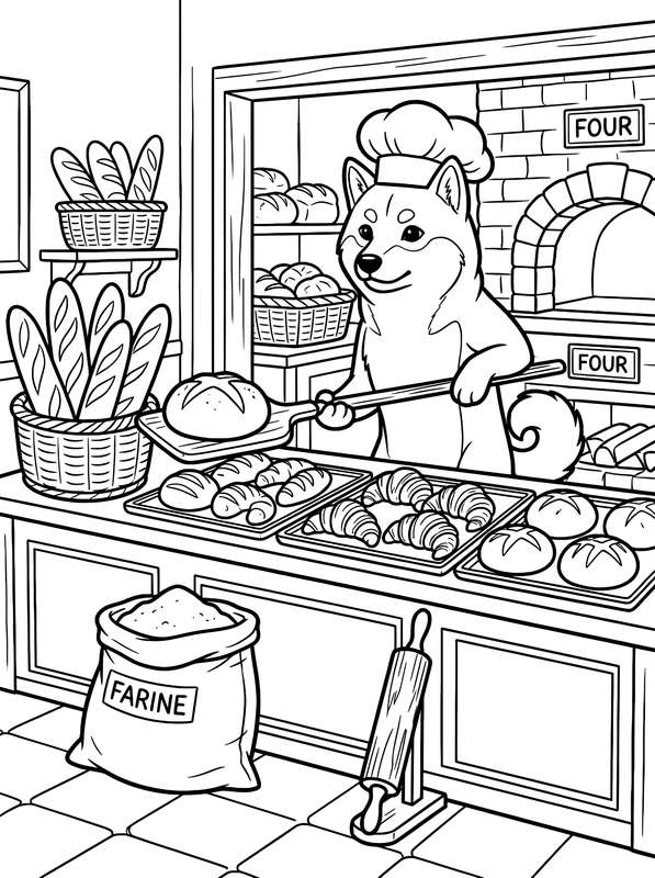 Line art of a Shiba Inu chef wearing a hat using a wooden peel to move bread in front of a brick oven in a bakery.