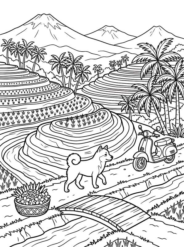 Line art of a Shiba Inu walking on a path near a scooter, a small bridge, tropical palm trees, rice terraces, and mountains.