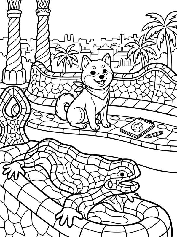 Line art of a Shiba Inu sitting on a mosaic bench in a park, with a mosaic lizard and a city skyline in the background.