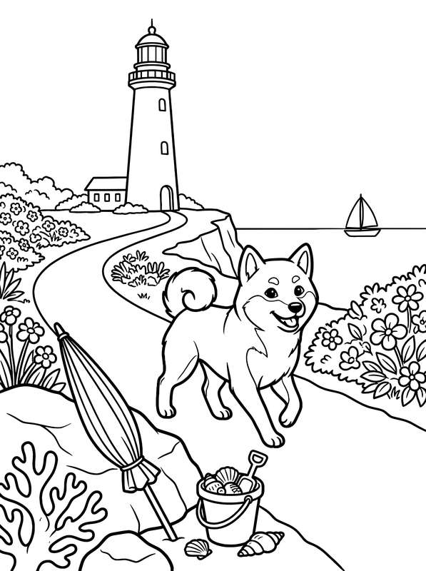 Line art of a Shiba Inu walking on a coastal path near a lighthouse, with a sailboat, flowers, and a bucket of shells.