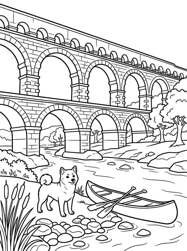 Line art of a Shiba Inu standing on a rocky riverbank next to a canoe, with the multi-arched Pont du Gard bridge above.