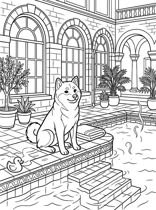 Line art of a Shiba Inu dog sitting by an indoor pool in a courtyard with arched windows, potted plants, and steps.