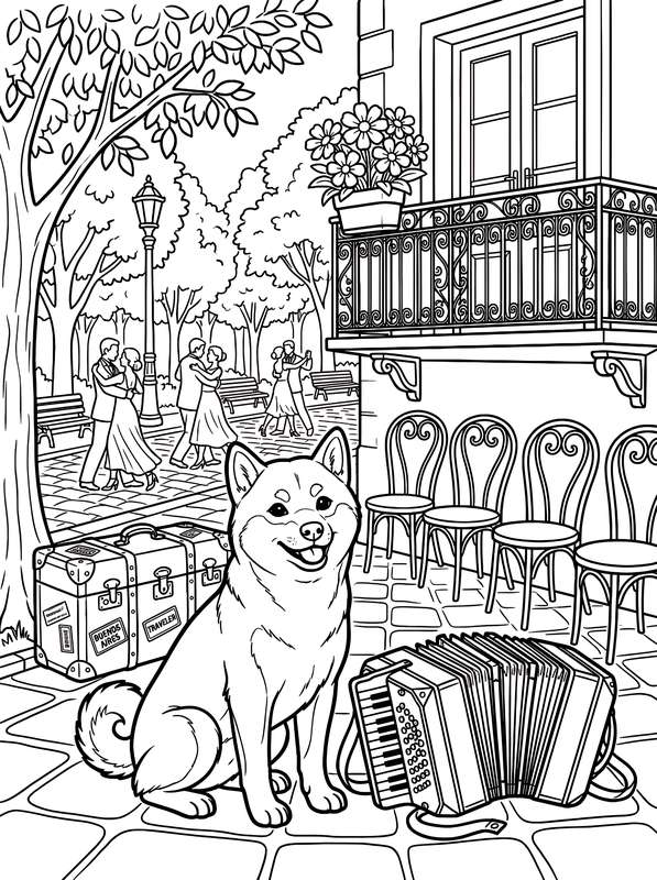 Line art of a Shiba Inu sitting on a stone patio next to an accordion, with couples dancing tango in the background.