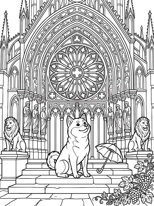 Black and white line art of a Shiba Inu sitting on steps in front of a cathedral rose window between two stone lions.