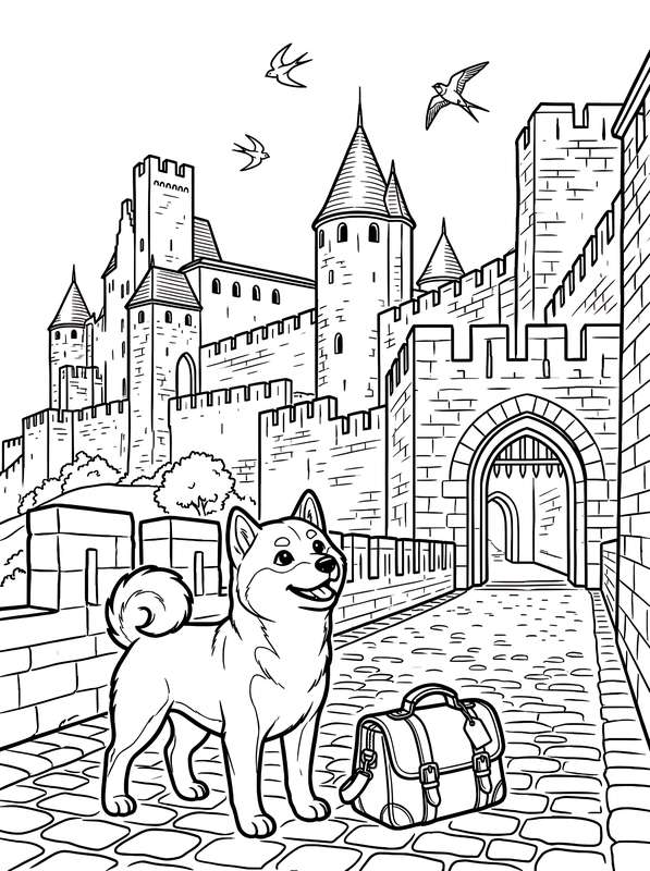 Line art of a Shiba Inu standing on a cobblestone path next to a satchel, with a large medieval castle and birds in the sky.