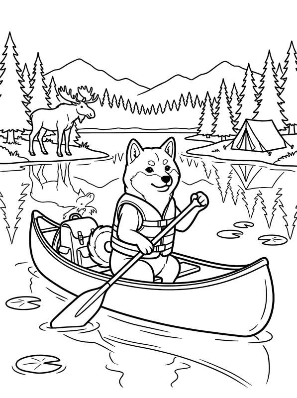 Line art of a Shiba Inu in a life vest paddling a canoe on a lake near a moose, pine trees, and a campsite.