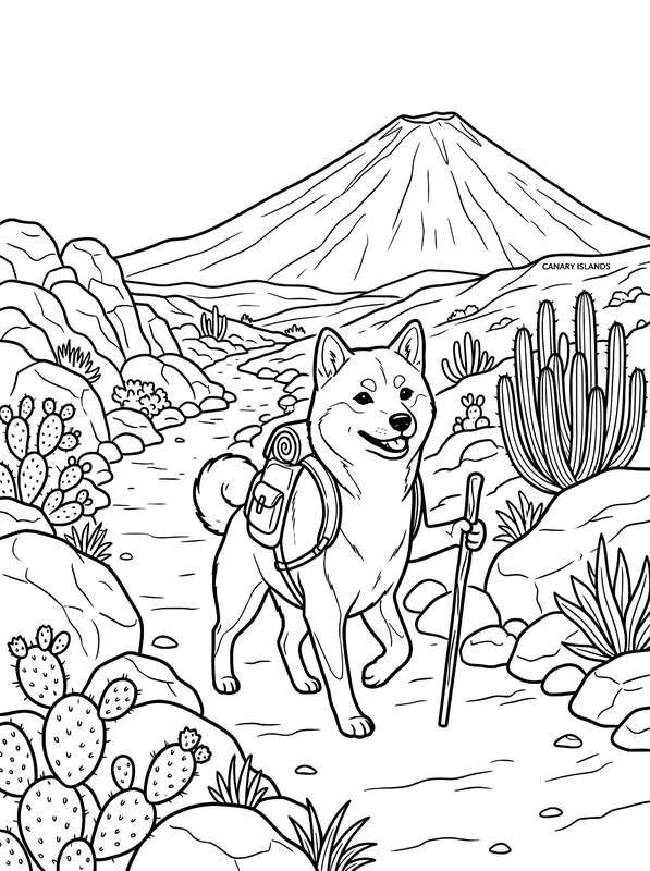 Line art of a Shiba Inu with a backpack and walking stick on a trail surrounded by cacti with a volcano in the background.