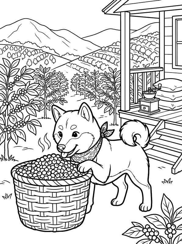 Line art of a Shiba Inu in a bandana standing next to a basket of coffee beans, with a coffee farm and mountains behind it.