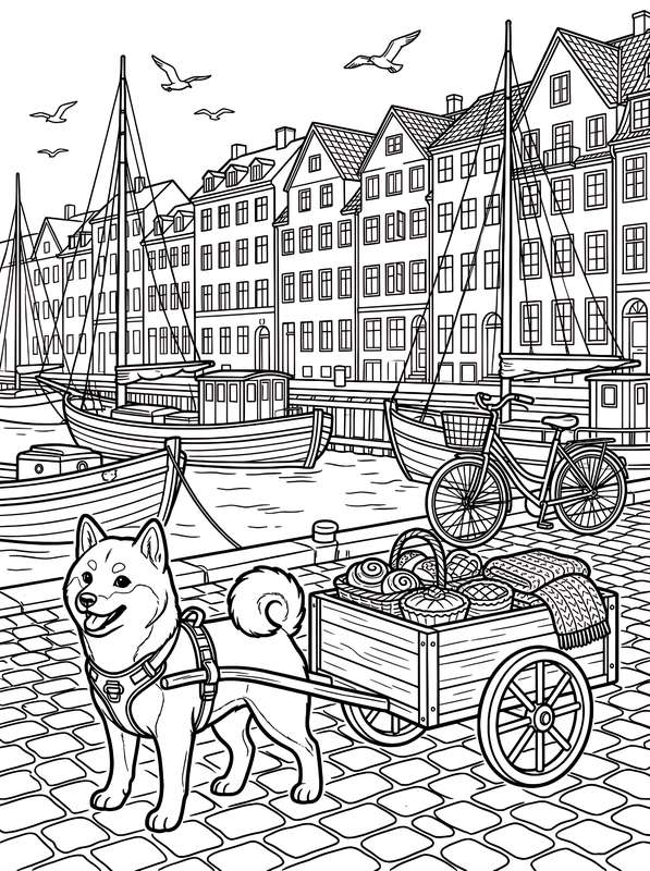 Line art of a Shiba Inu wearing a harness pulling a cart filled with pastries on a cobblestone path by a boat-filled harbor.