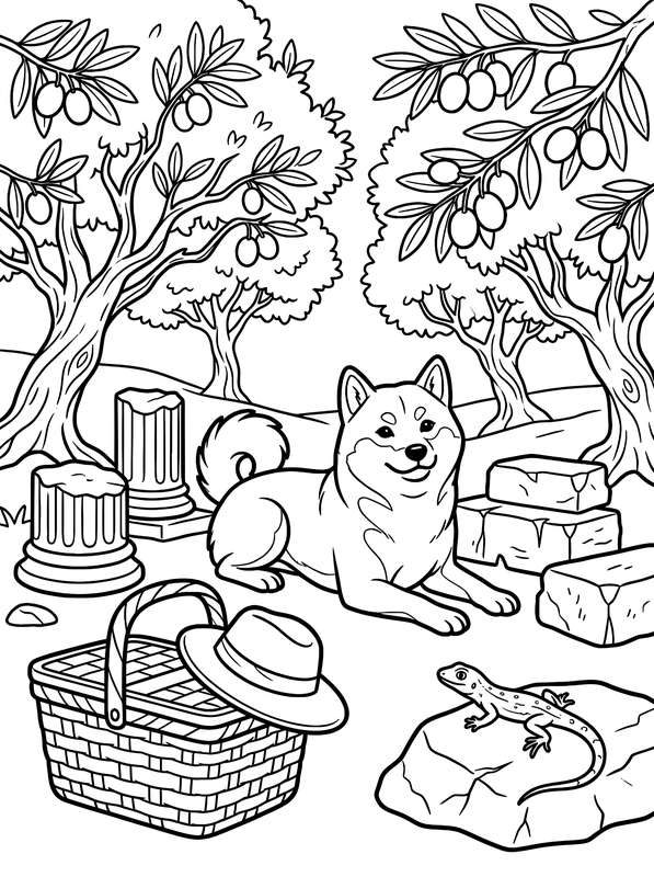 Line art of a Shiba Inu sitting in an olive grove with ancient stone ruins, a basket, a hat, and a lizard on a rock.
