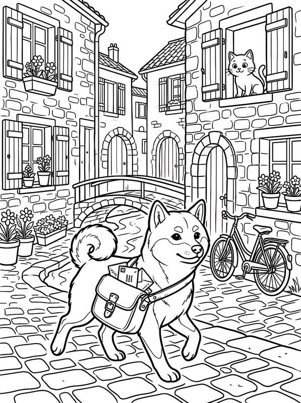 Line art of a dog with a mail bag walking on a cobblestone street, with stone buildings, a bridge, a bicycle, and a cat.