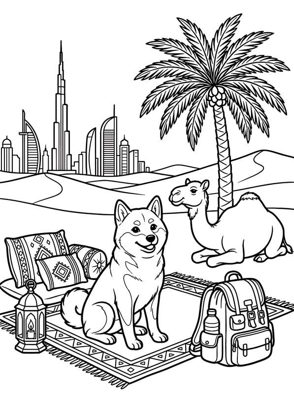 Line art of a Shiba Inu sitting on a patterned rug in a desert with a camel, a lantern, a backpack, and Dubai skyscrapers.