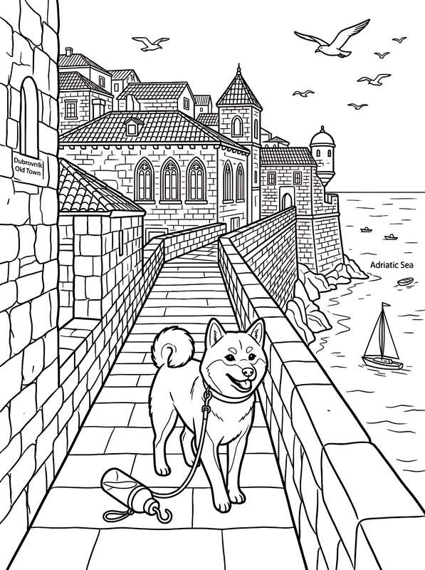 Line art of a Shiba Inu on a leash standing on the stone city wall of Dubrovnik, with historic buildings and sailboats.