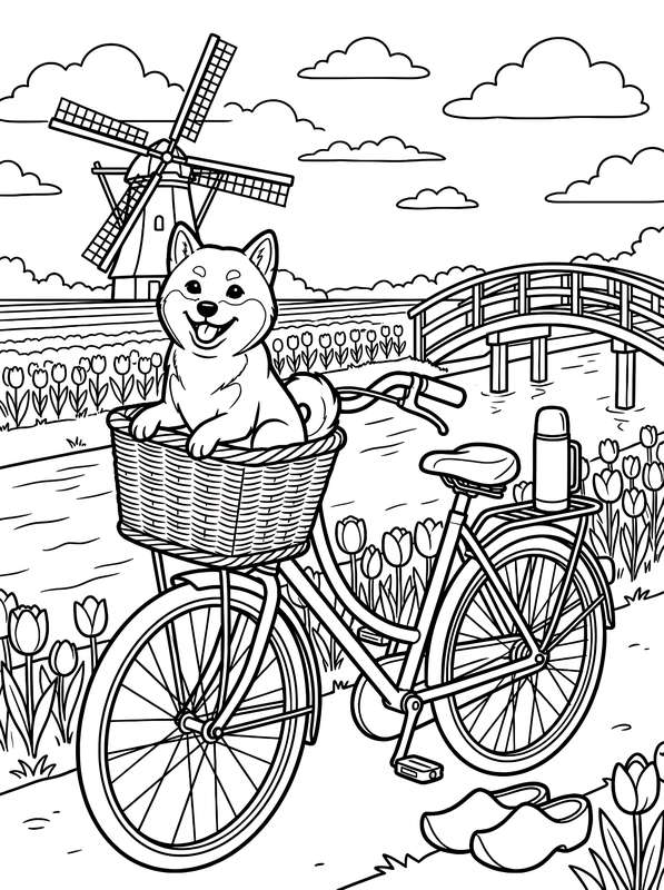 Line art of a Shiba Inu in a bicycle basket in front of a Dutch windmill, a canal, a bridge, and tulip fields.