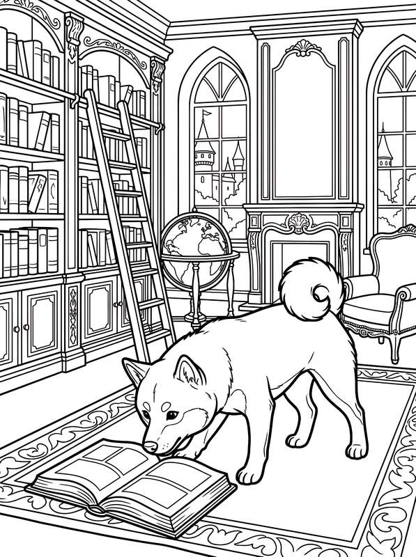 Line art of a Shiba Inu looking at an open book on a rug in a library with tall bookshelves, a ladder, and a globe.