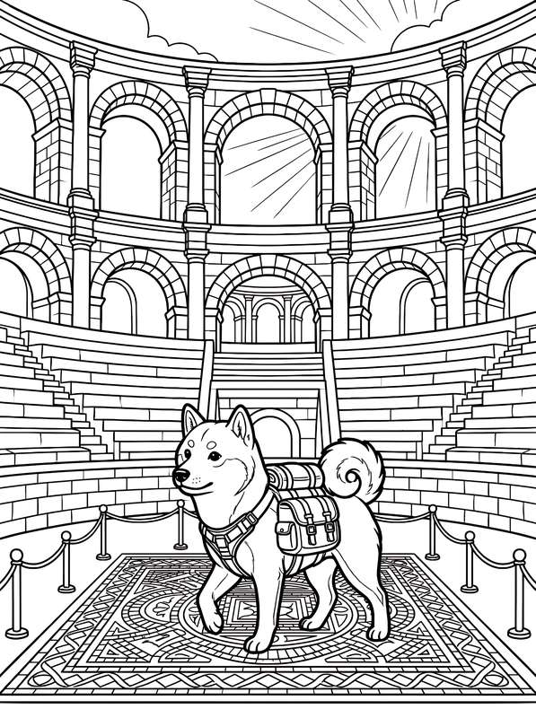 Line art of a Shiba Inu with a backpack standing on an ornate tiled floor inside a large, arched stone Roman amphitheater.