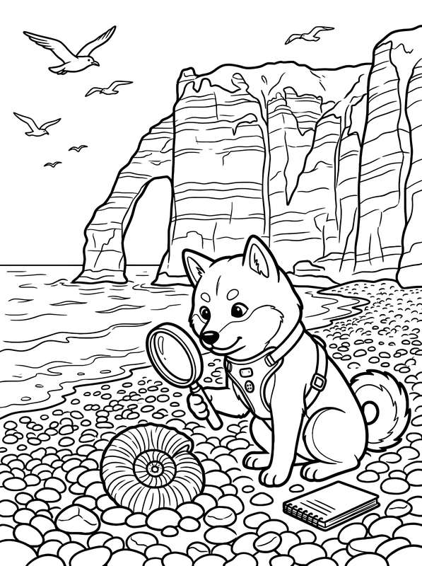 Line art of a Shiba Inu wearing a harness and holding a magnifying glass to look at a spiral fossil on a pebble beach.