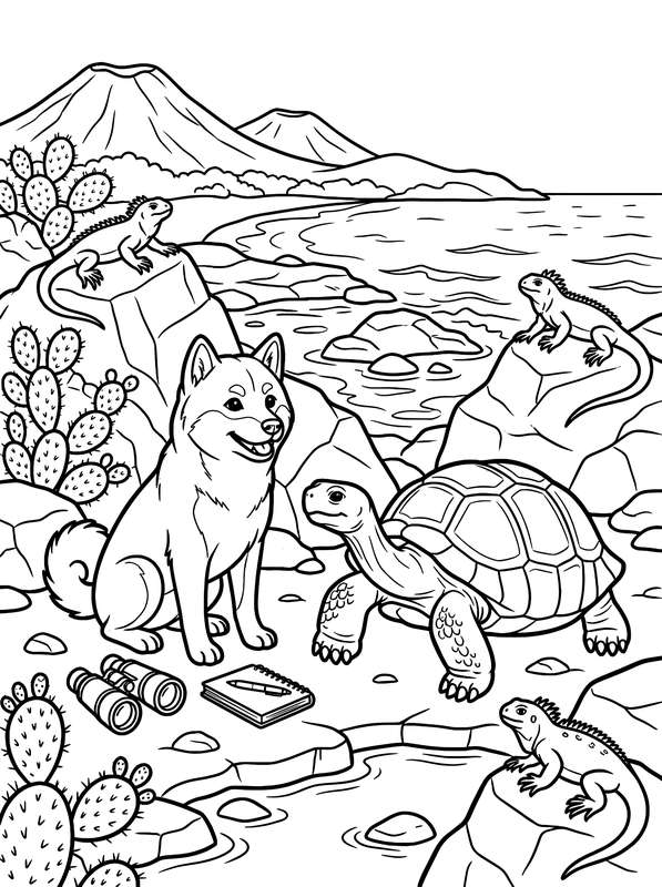 Line art of a Shiba Inu with binoculars and a notebook sitting on a rocky shore with a giant tortoise and three iguanas.