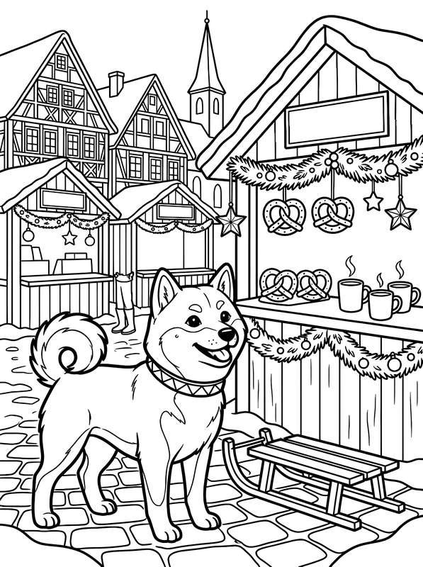 Line art of a smiling Shiba Inu standing on a cobblestone street in front of German market stalls with pretzels and mugs.