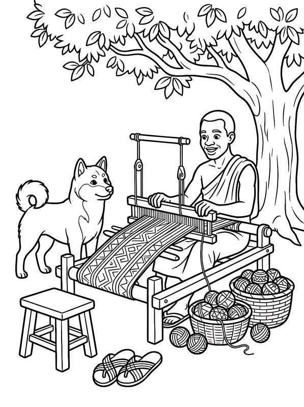 Line art of a man weaving fabric on a traditional loom under a tree, with a Shiba Inu standing next to him, near baskets of yarn.