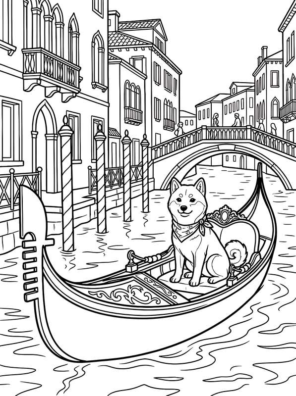 Line art of a Shiba Inu sitting in a gondola on a Venetian canal with historic buildings and an arched bridge in the back.