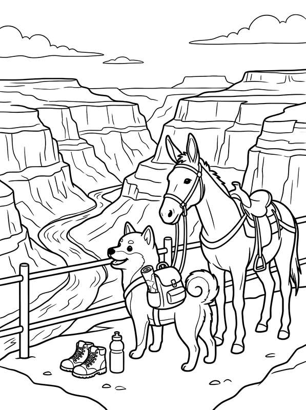 Line art of a smiling Shiba Inu with a backpack standing next to a saddled mule at a fence overlooking a canyon.
