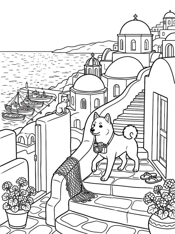 Line art of a shiba inu wearing a camera standing on stone steps in a Greek village with a cat and sea in the background