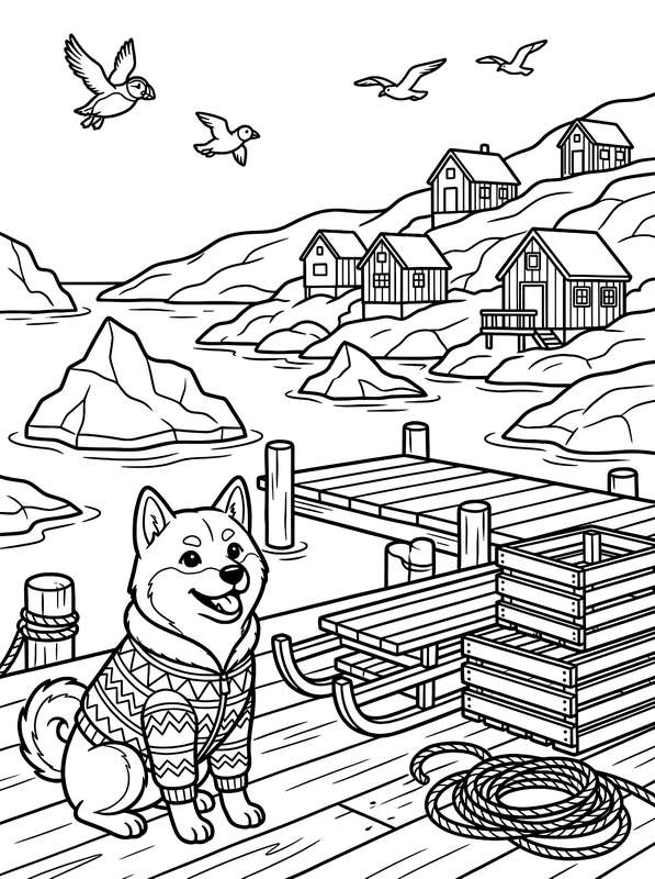 Line art of a Shiba Inu in a sweater sitting on a dock, with icebergs, a village on a hill, and flying birds in the sky.