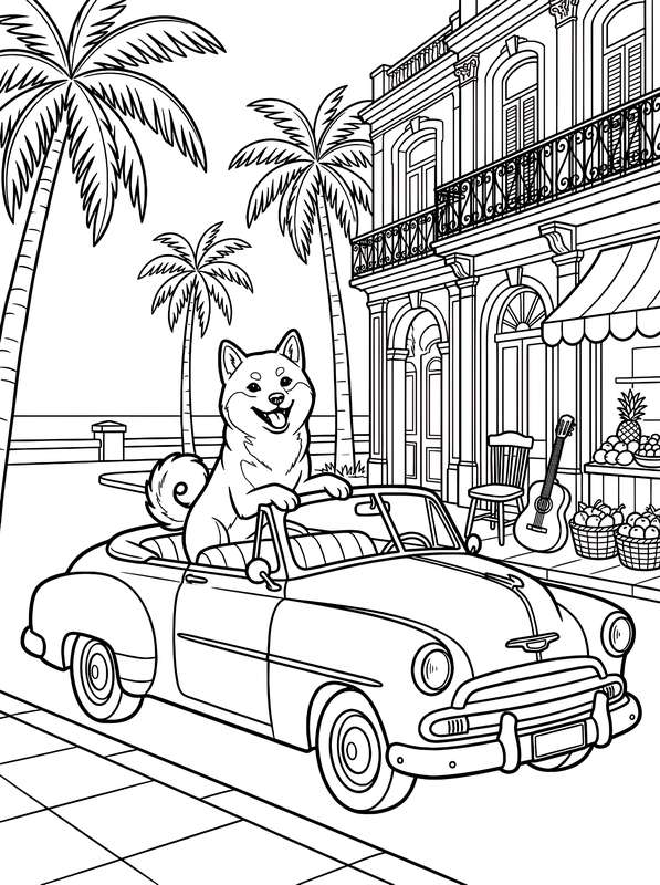 Line art of a smiling Shiba Inu dog sitting in a vintage convertible car on a street lined with palm trees and buildings.