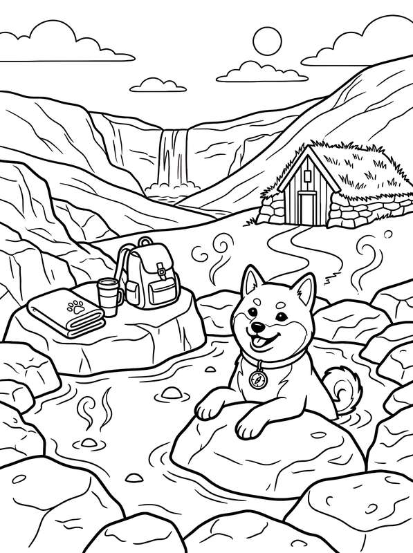 Line art of a Shiba Inu in a hot spring with a backpack and towel on a nearby rock, a waterfall, and a small cabin.