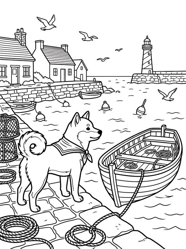 Line art of a Shiba Inu in a sailor scarf standing on a cobblestone pier near a rowboat, a harbor, and a lighthouse.