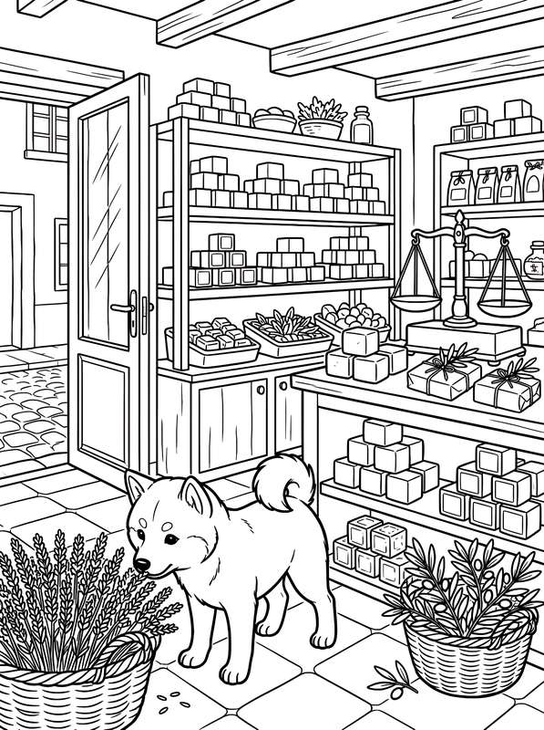 Line art of a Shiba Inu dog on a tile floor in a shop with shelves packed with square soaps, baskets of lavender, and scales.