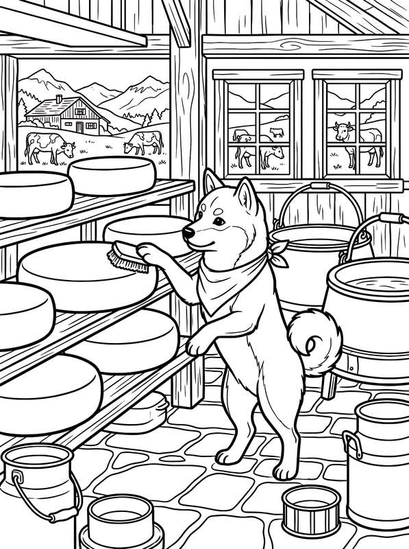 Line art of a Shiba Inu cleaning a cheese wheel on a rack in a dairy, with milk cans and windows showing cows and mountains.