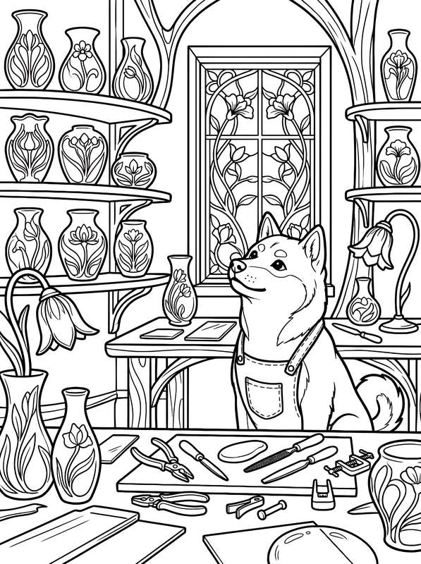 Line art of a Shiba Inu in an apron inside a studio with shelves of patterned vases, a floral stained glass window, and glass-cutting tools on a workbench.