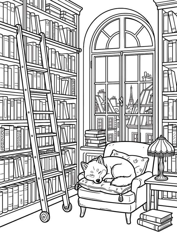 Line art of a Shiba Inu sleeping on a cushioned armchair in a library, with a rolling ladder and a window showing Paris.