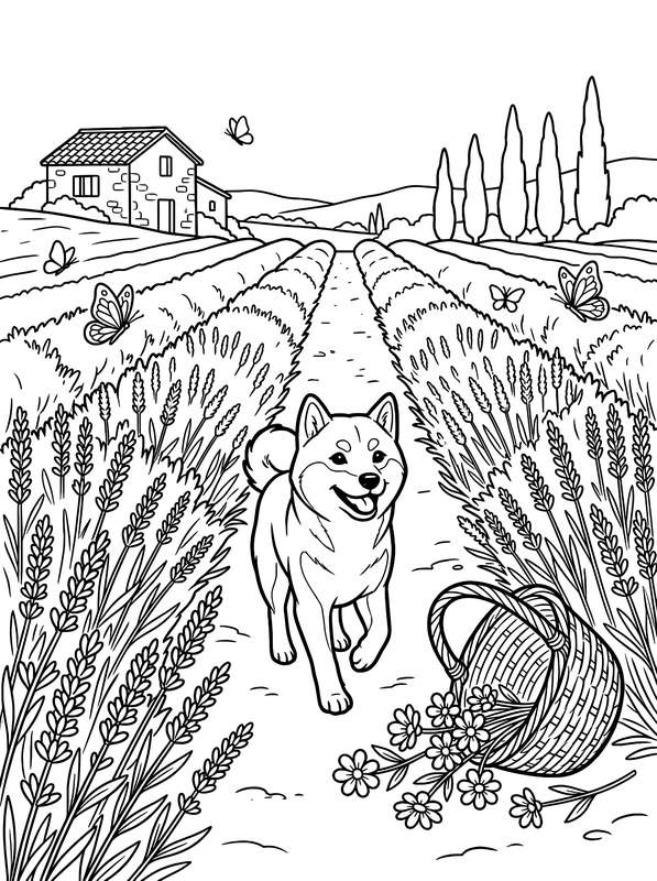 Line art of a smiling Shiba Inu walking on a path in a lavender field with a small house, trees, and butterflies.