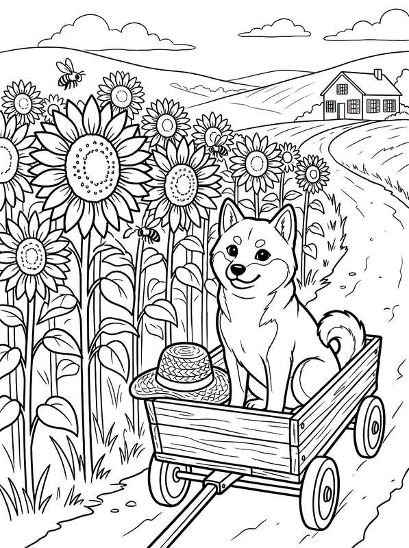 Line art of a Shiba Inu sitting in a wooden wagon beside a sun hat in a field of blooming sunflowers in front of a house.