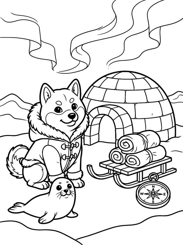 Line art of a cartoon Shiba Inu in a winter parka next to a seal, with an igloo, a sled with blankets, and a compass.