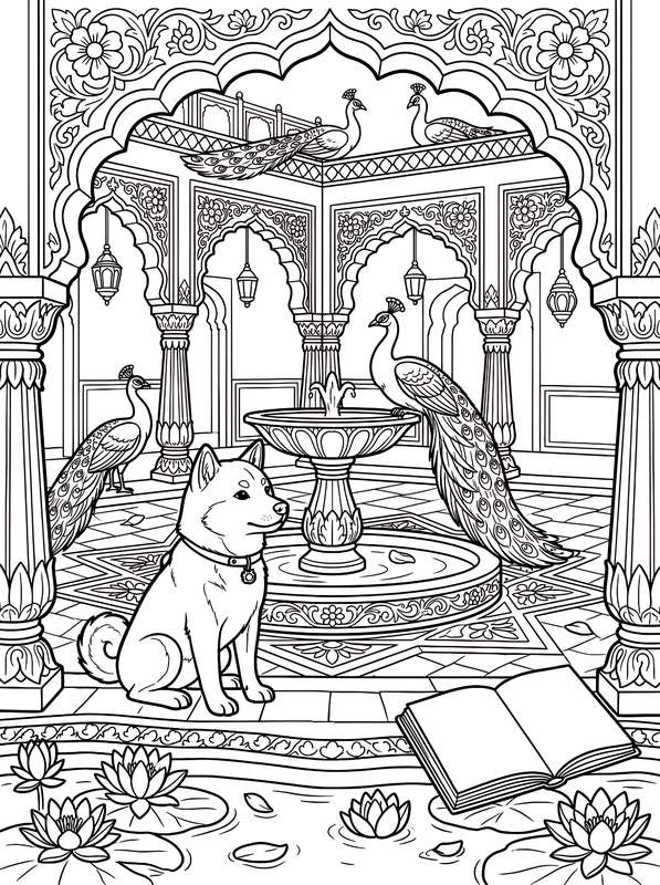 Line art of a Shiba Inu sitting in an Indian palace courtyard with a fountain, peacocks, and water lilies in the foreground.