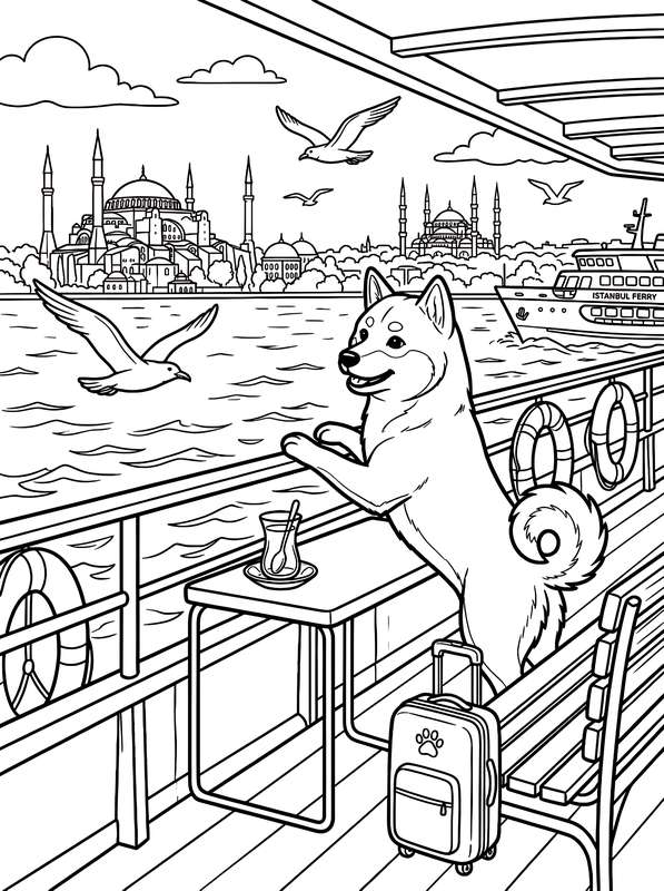 Line art of a Shiba Inu standing on a ferry deck next to a suitcase and a table with a glass of tea, with Istanbul in the background.