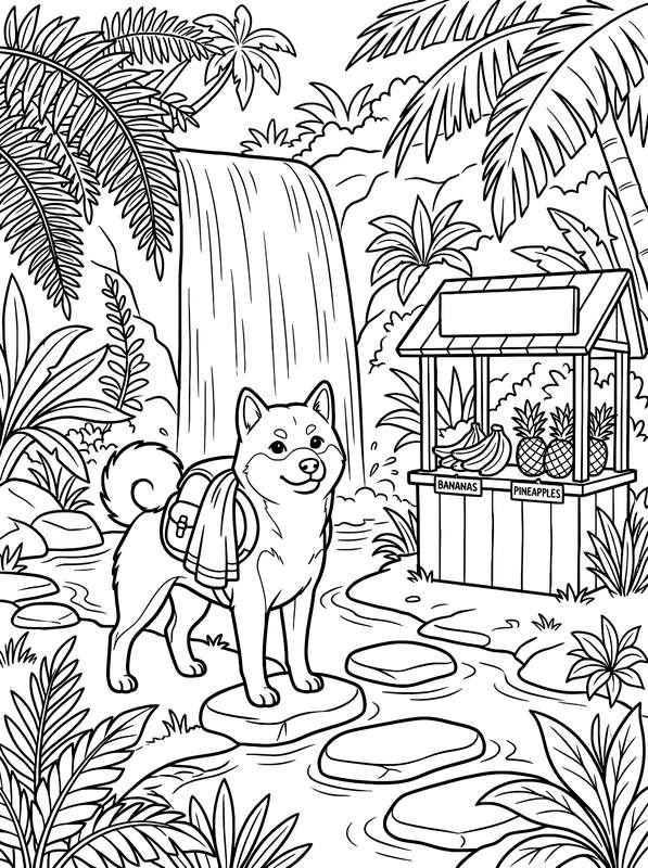 Line art of a Shiba Inu with a backpack standing on a stepping stone in front of a waterfall and a tropical fruit stand.