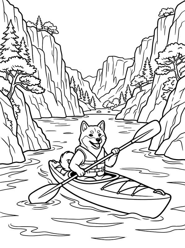 Black and white line art of a Shiba Inu in a life vest paddling a kayak in a river between tall, craggy stone canyon walls.